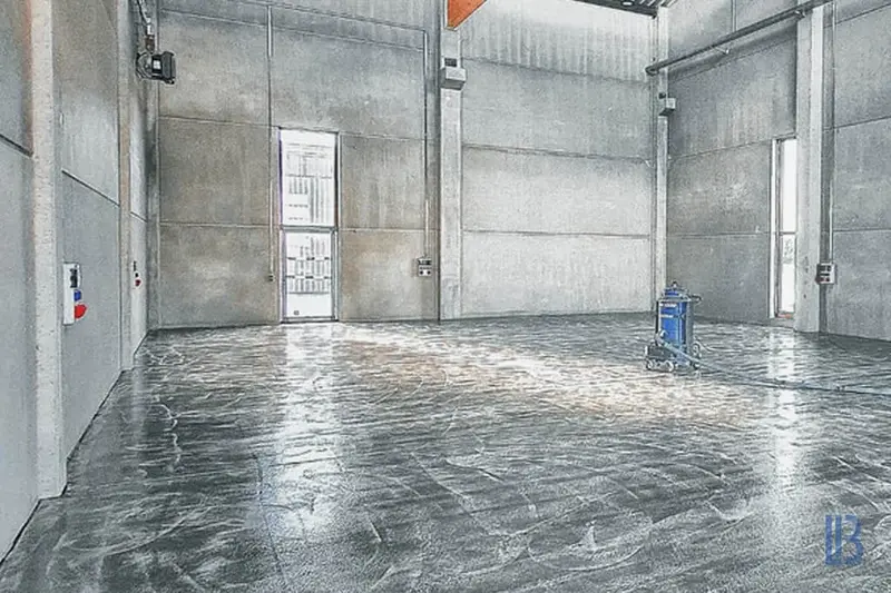 Fertige Epoxidharz-Bodenbeschichtung mit glänzender Oberfläche in einer Halle